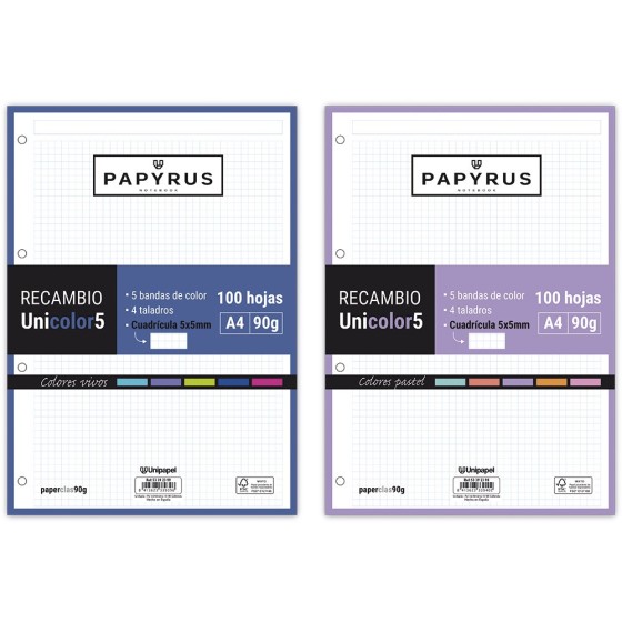 Recambios A4 100 Hojas 90 G Cuadricula 5X5 mm Sin Margen Con Taladros Colores Surtidos Unicolor Papyrus