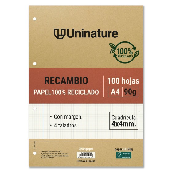 Recambios A4 100 Hojas 90 G Cuadricula 4X4 mm Sin Margen Con Taladros Uninature Concept Grafoplás