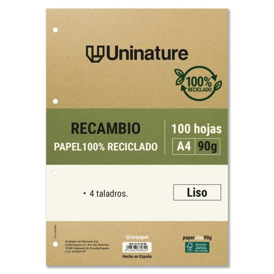 Recambios A4 100 Hojas 90 G Liso Sin Margen Con Taladros Uninature Concept Grafoplás