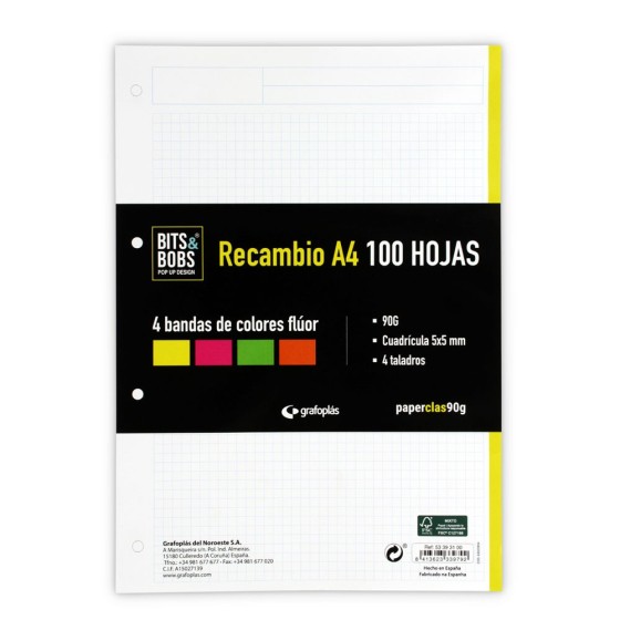 Recambios A4 100 Hojas 90 G Cuadricula 5X5 mm Sin Margen Con Taladros Bits&Bobs 23 Grafoplás