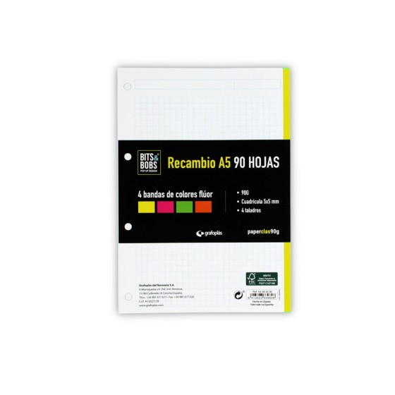 Recambios A5 100 Hojas 90 G Cuadricula 5X5 mm Sin Margen Sin Taladros Bits&Bobs 23 Grafoplás