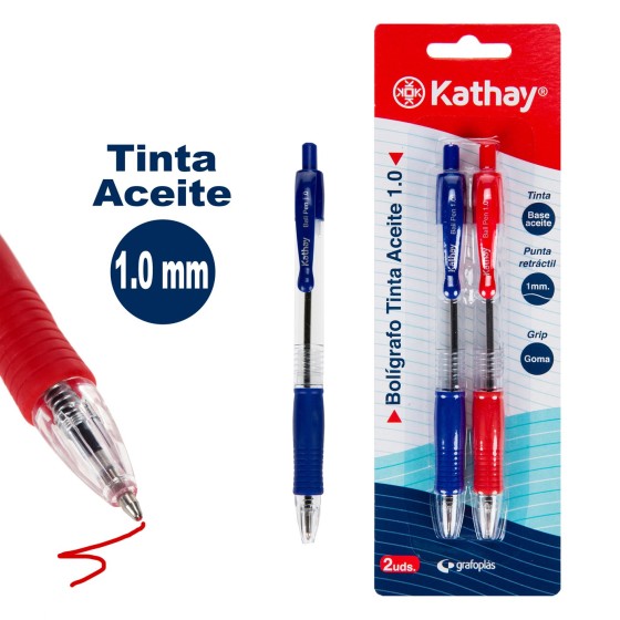 Blíster 2 Boligrafos Tinta Base Aceite Punta Retráctil 1.0 mm Azul+Rojo Kathay