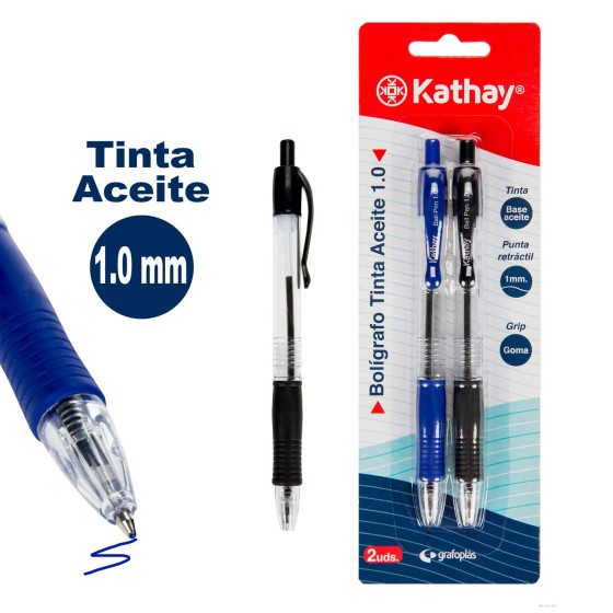 Blíster 2 Boligrafos Tinta Base Aceite Punta Retráctil 1.0 mm Azul+Negro Kathay