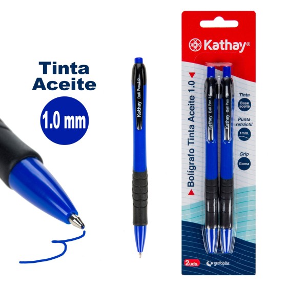 Blister 2 Boligrafos Tinta Base Aceite Punta Retráctil 1.0 mm Azul Kathay
