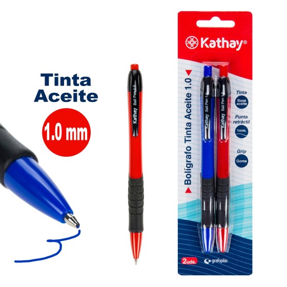 Blíster 2 Boligrafos Tinta Base Aceite Punta Retráctil 1.0 mm Azul+Rojo Kathay