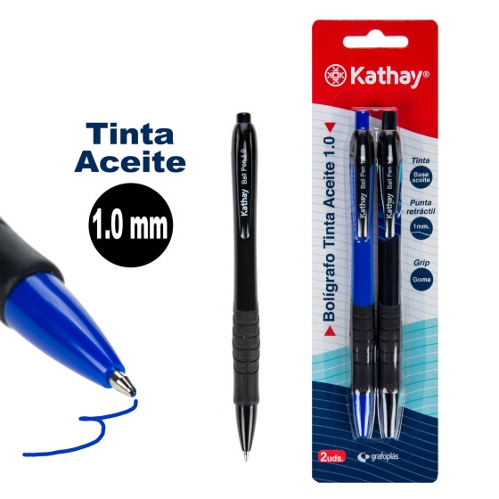 Blíster 2 Boligrafos Tinta Base Aceite Punta Retráctil 1.0 mm Azul+Negro Kathay