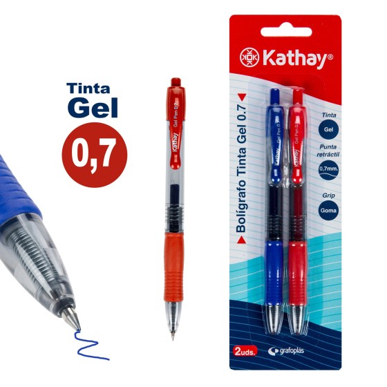 Blíster 2 Boligrafos Tinta Gel Punta Retráctil 0.7 mm Azul+Rojo Kathay