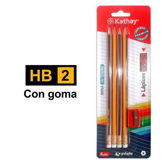 Blister 4 Lápices Grafito Hexagonales Con Goma Hb2 + Afila Kathay