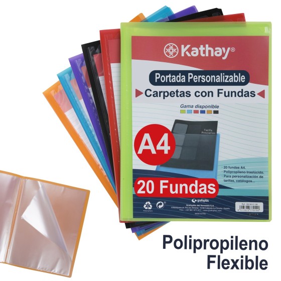 Carpeta Con Fundas  Personalizable PP Translúcido Semirígido A4 20 Fundas Colores Surtidos Kathay Kathay