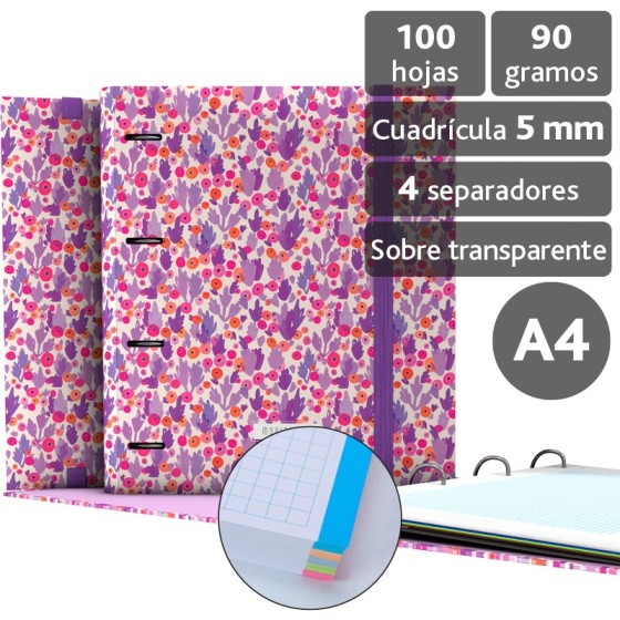 Carpeta De Anillas Con Recambio  Papel Plastificado Brillo A4 4X25mm Fsc Moniquilla  Cactus Grafoplás