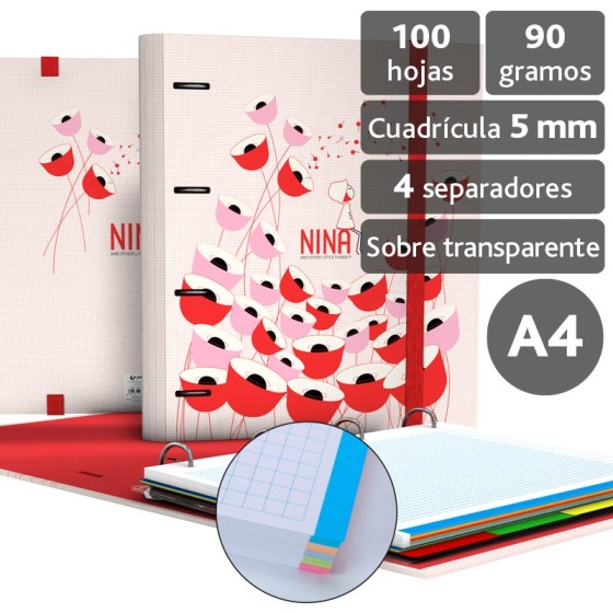 Carpeta De Anillas Con Recambio A4 4 Anillas 35 mm. Papel Plastificado Brillo A4 4X35mm Fsc Nina 19 PoPPies Grafoplás