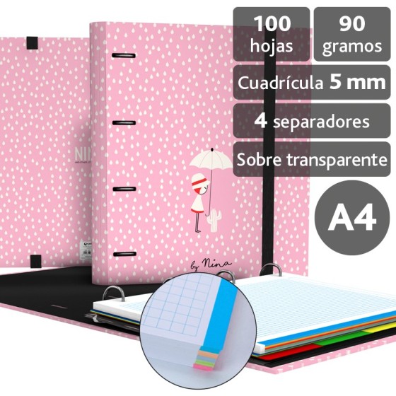 Carpeta De Anillas Con Recambio A4 4 Anillas 35 mm. Papel Plastificado Brillo A4 4X35mm Fsc Nina 19 Rain Grafoplás