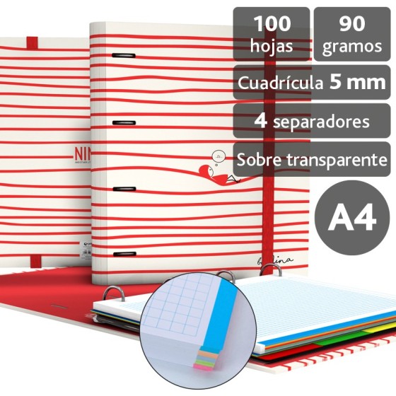 Carpeta De Anillas Con Recambio A4 4 Anillas 35 mm. Papel Plastificado Brillo A4 4X35mm Fsc Nina 19 Relax Grafoplás