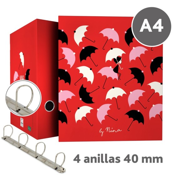 Carpeta De Anillas Papel Plastificado Brillo A4 4X40mm Con Ollao Fsc Nina  Umbrellas Grafoplás