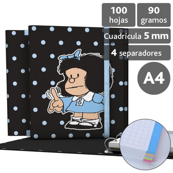 Carpeta De Anillas Con Recambio  Papel Plastificado Brillo A4 4X25mm Fsc Mafalda  Lunares Grafoplás