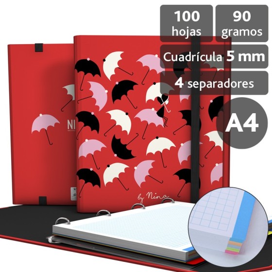 Carpeta De Anillas Con Recambio  Papel Plastificado Brillo A4 4X25mm Fsc Nina  Umbrellas Grafoplás