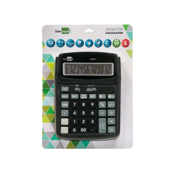 Calculadora liderpapel sobremesa xf39 12 digitos solar y pilas color negro 190x140x32 mm 40% reciclado