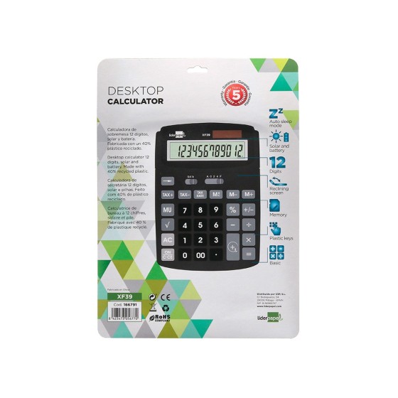 Calculadora liderpapel sobremesa xf39 12 digitos solar y pilas color negro 190x140x32 mm 40% reciclado