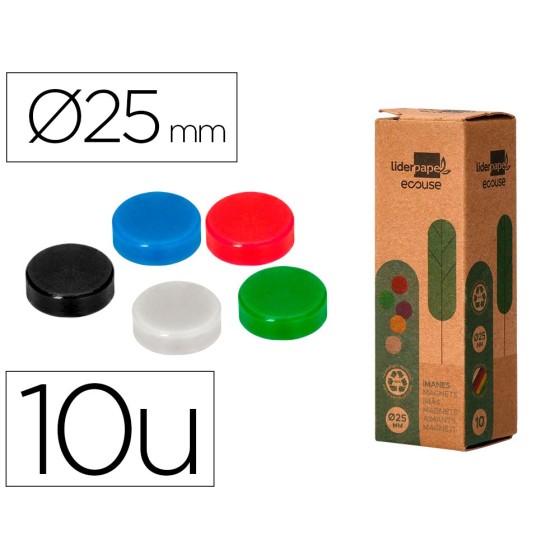 Imanes para sujecion liderpapel ecouse pp reciclado para pizarra magnetica 25 mm caja de 10