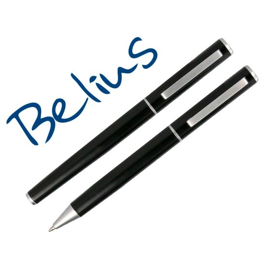 Juego boligrafo y roller belius norwich cuerpo negro mate y detalles cromados satinados en caja regalo