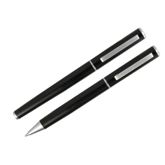 Juego boligrafo y roller belius norwich cuerpo negro mate y detalles cromados satinados en caja regalo