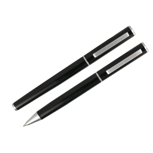 Juego boligrafo y roller belius norwich cuerpo negro mate y detalles cromados satinados en caja regalo