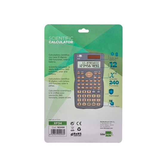Calculadora liderpapel cientifica xf34 12 digitos 240 funciones con tapa solar y pilas color gris 156x85x20