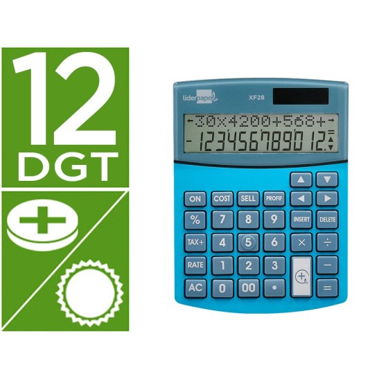 Calculadora liderpapel sobreme sa xf28 12 digitos dos lineas coste venta margen y tasas solar y pilas azul 155x115x25 mm