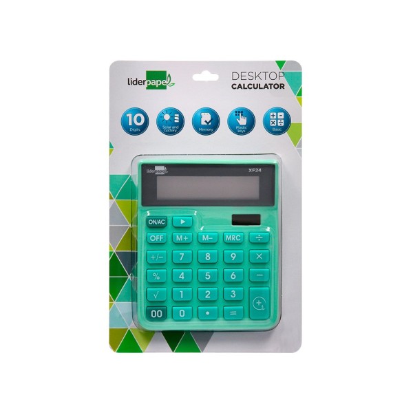 Calculadora liderpapel sobremesa xf24 10 digitos solar y pilas color verde 127x105x24 mm