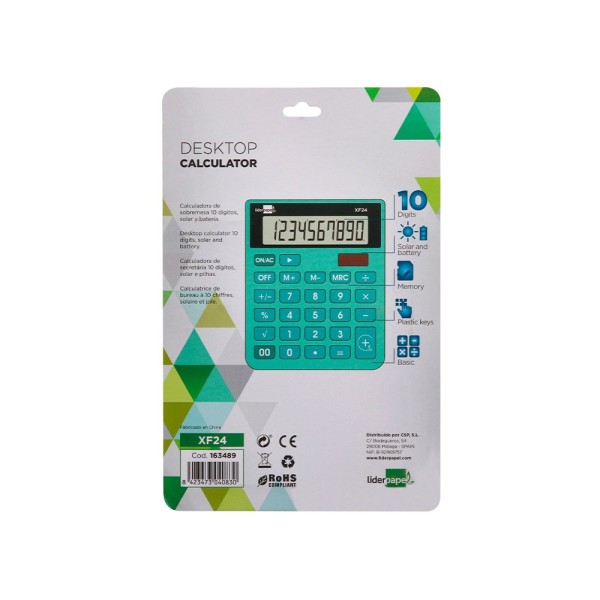 Calculadora liderpapel sobremesa xf24 10 digitos solar y pilas color verde 127x105x24 mm