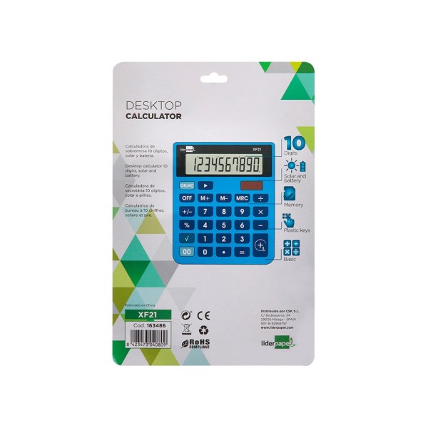 Calculadora liderpapel sobremesa xf21 10 digitos solar y pilas color azul 127x105x24 mm