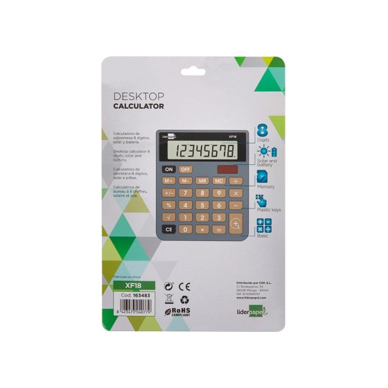 Calculadora liderpapel sobremesa xf18 8 digitos solar y pilas color gris 127x105x24 mm