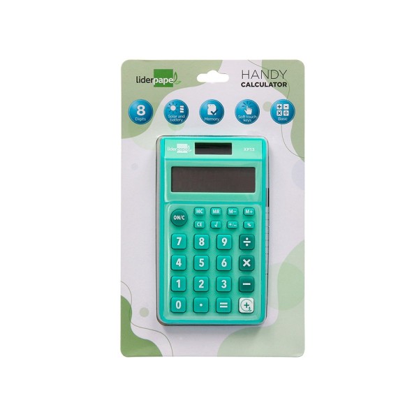 Calculadora liderpapel bolsillo xf13 8 digitos solar y pilas color verde 115x65x8 mm