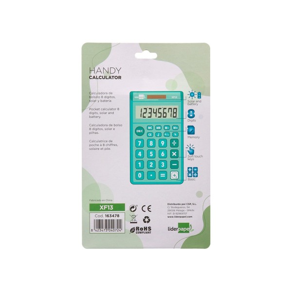 Calculadora liderpapel bolsillo xf13 8 digitos solar y pilas color verde 115x65x8 mm