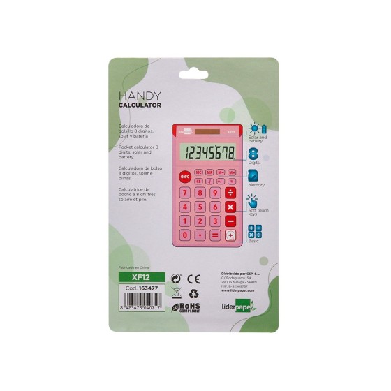 Calculadora liderpapel bolsillo xf12 8 digitos solar y pilas color rosa 115x65x8 mm