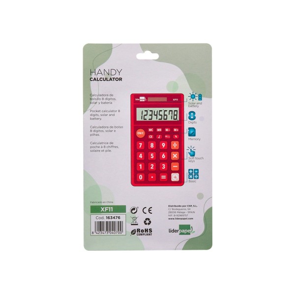 Calculadora liderpapel bolsillo xf11 8 digitos solar y pilas color rojo 115x65x8 mm