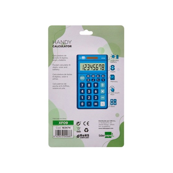 Calculadora liderpapel bolsillo xf09 8 digitos solar y pilas color azul 115x65x8 mm