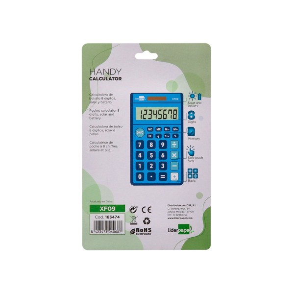 Calculadora liderpapel bolsillo xf09 8 digitos solar y pilas color azul 115x65x8 mm