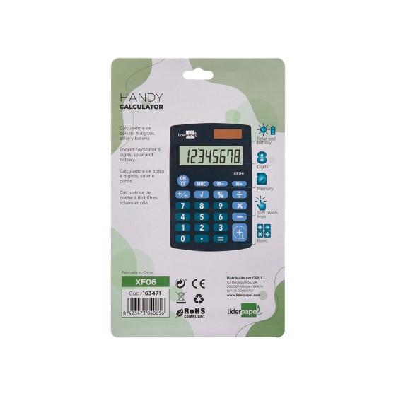 Calculadora liderpapel bolsillo xf06 8 digitos solar y pilas color azul 98x62x8 mm