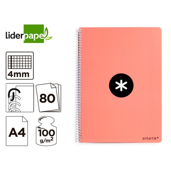 Cuaderno espiral liderpapel a4 antartik tapa dura 80h 90gr cuadro 4mm con margen color coral