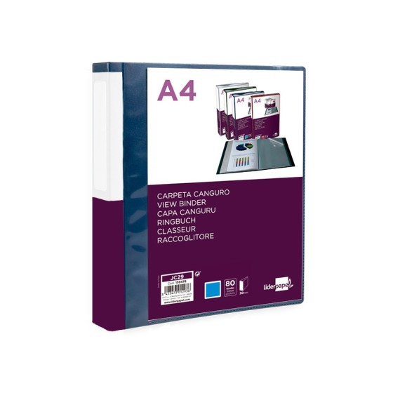 Carpeta liderpapel 80 fundas canguro pp din a4 azul translucido portada y lomo personalizable