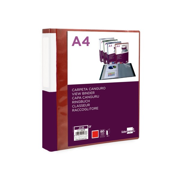Carpeta liderpapel 60 fundas canguro pp din a4 rojo translucido portada y lomo personalizable