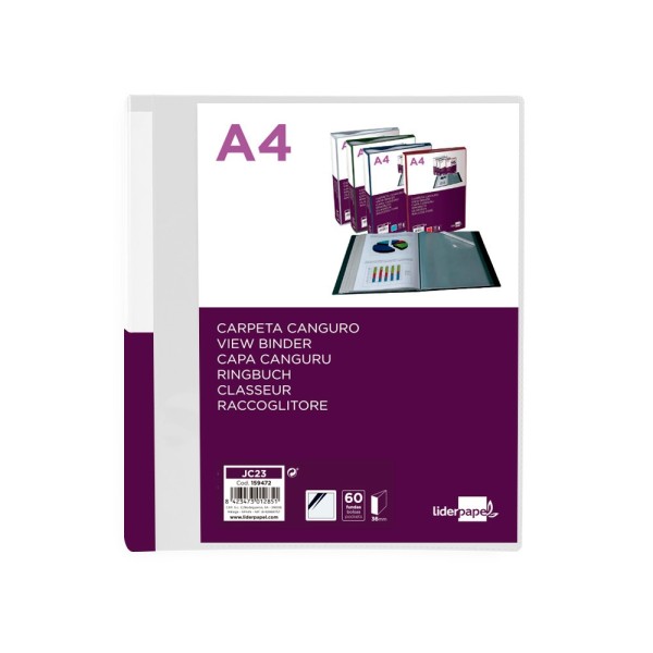Carpeta liderpapel 60 fundas canguro pp din a4 transparenteportada y lomo personalizable