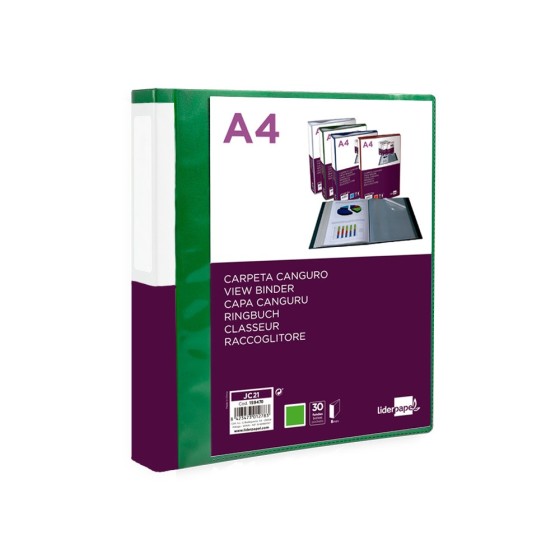 Carpeta liderpapel 30 fundas canguro pp din a4 verde translucido portada y lomo personalizable