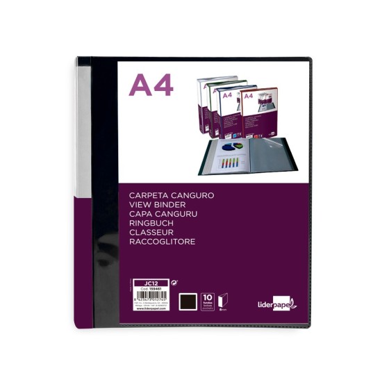 Carpeta liderpapel 10 fundas canguro pp din a4 negro opaco portada y lomo personalizable