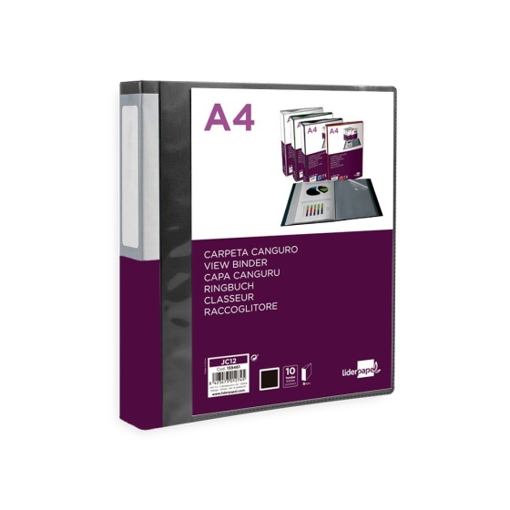 Carpeta liderpapel 10 fundas canguro pp din a4 negro opaco portada y lomo personalizable
