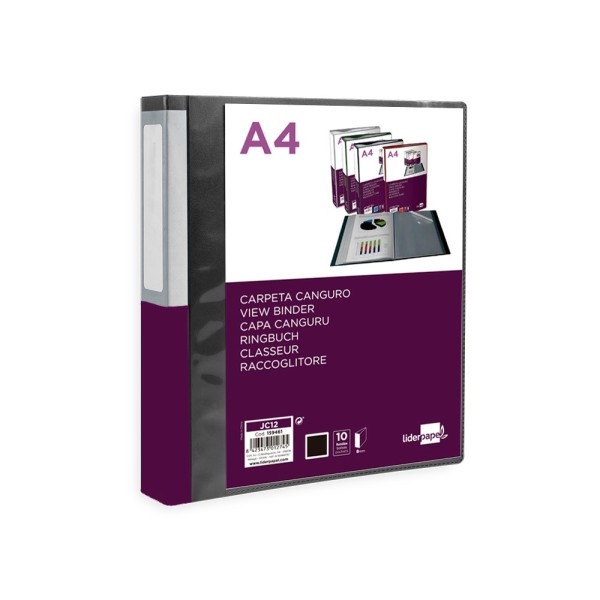 Carpeta liderpapel 10 fundas canguro pp din a4 negro opaco portada y lomo personalizable