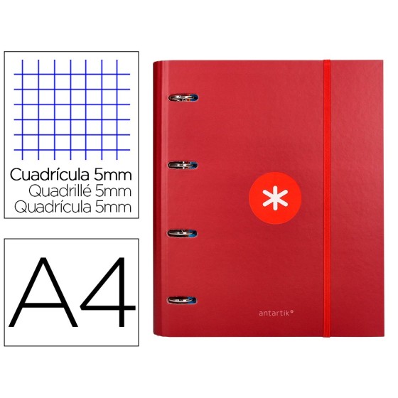 Carpeta con recambio liderpapel antartik a4 cuadro 5 mm forrada 4 anillas 40mm redondas color frambuesa