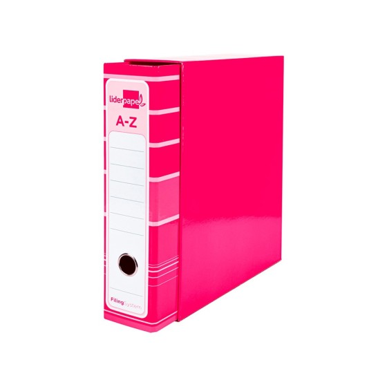 Archivador de palanca liderpap el a4 filing system forrado sin rado lomo 80mm rosa con caja y compresor metalico