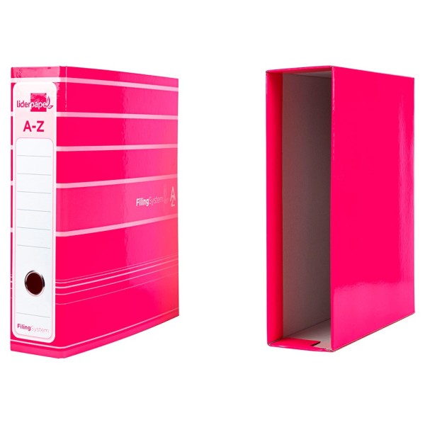 Archivador de palanca liderpap el a4 filing system forrado sin rado lomo 80mm rosa con caja y compresor metalico